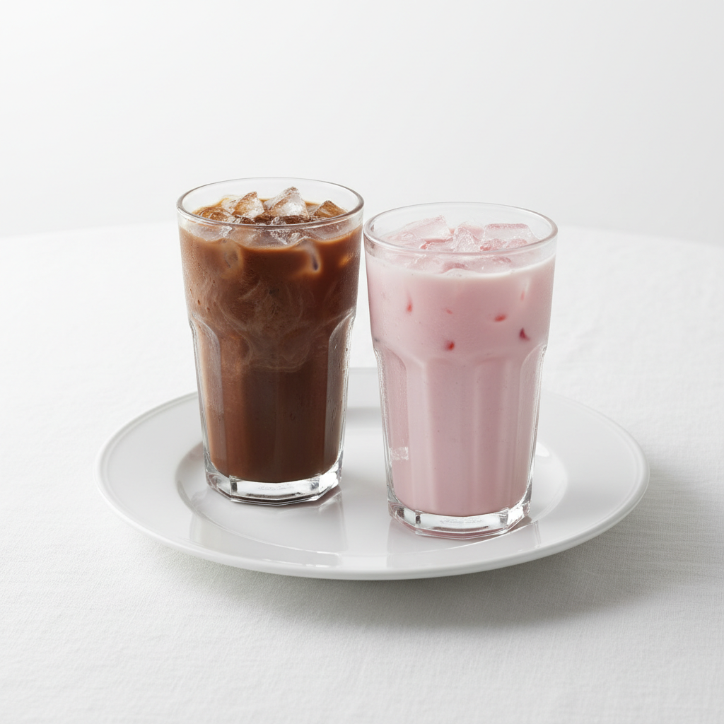 Create a high-resolution food-grade photograph of Chocolate or Strawberry Milk (Iced & Hot)
.
 The beverage should be the main focus of the image. Place it in a elegant bowl or Plate on a clean white background with a simple table surface, preferably covered with a neat white or light-colored tablecloth. Use soft natural lighting, minimal shadows, and a clean, modern breakfast-photography style. Keep the composition centered, crisp, and refreshing, with no distracting objects around the meal.