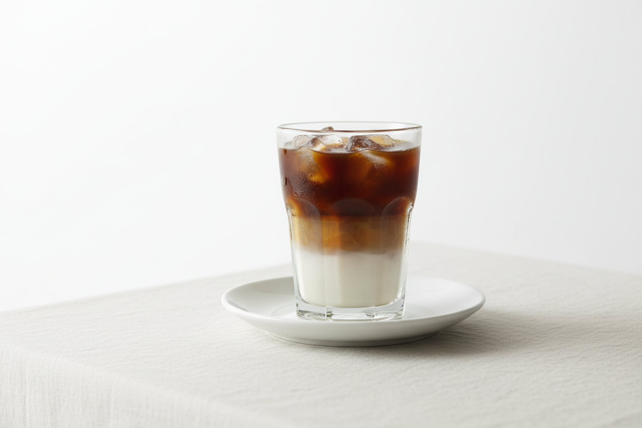 Create a high-resolution food-grade photograph of Iced Vietnamese Coffee.
 The beverage should be the main focus of the image. Place it in a elegant bowl or Plate on a clean white background with a simple table surface, preferably covered with a neat white or light-colored tablecloth. Use soft natural lighting, minimal shadows, and a clean, modern breakfast-photography style. Keep the composition centered, crisp, and refreshing, with no distracting objects around the meal.