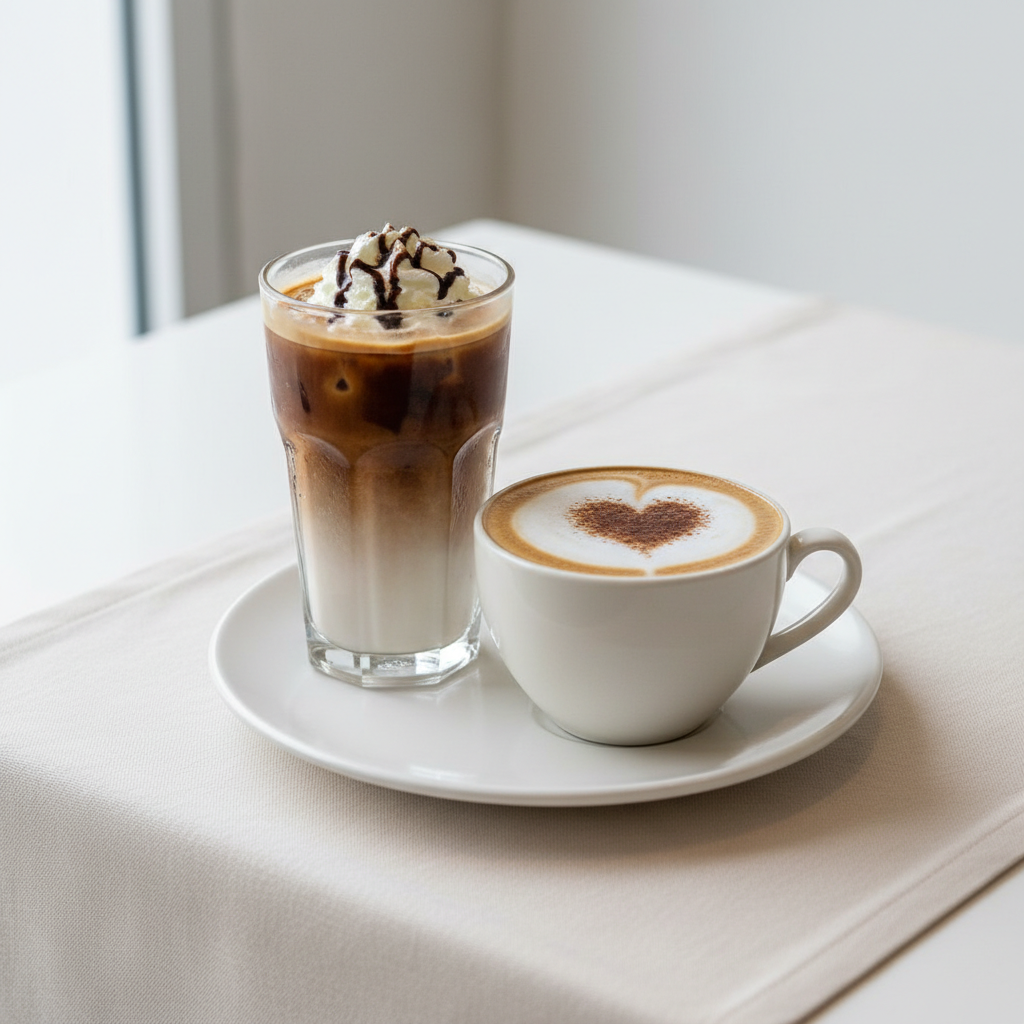 Create a high-resolution food-grade photograph of Mocha (Iced & Hot)
.
 The beverage should be the main focus of the image. Place it in a elegant bowl or Plate on a clean white background with a simple table surface, preferably covered with a neat white or light-colored tablecloth. Use soft natural lighting, minimal shadows, and a clean, modern breakfast-photography style. Keep the composition centered, crisp, and refreshing, with no distracting objects around the meal.